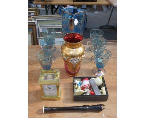 SUNDRY LOT INCLUDING BLUE GLASS LEMONADE SET, GILDED VASE, CARRIAGE CLOCK, RECORDER ETC. 