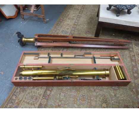 LARGE WOODEN CASED BRASS TELESCOPE WITH TRIPOD AND ACCESSORIES BY WATSON & SONS, LONDON, No8547