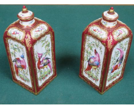 PAIR OF HANDPAINTED AND GILDED ORIENTAL STYLE CERAMIC STORAGE VESSELS WITH COVERS, APPROXIMATELY 30cm HIGH