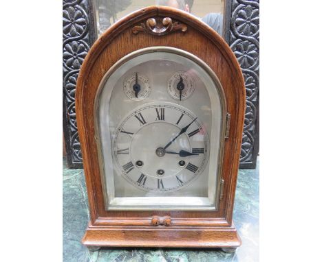 OAK CASED BRACKET CLOCK WITH SILVER COLOURED DIAL