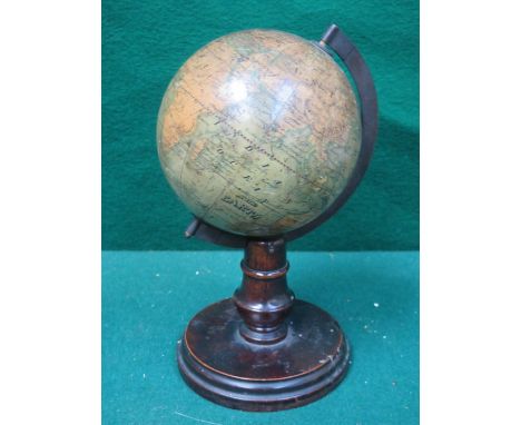 19th CENTURY TERRESTRIAL GLOBE BY C ABEL-KLINGER, ON MAHOGANY STAND WITH METAL SUPPORT, APPROXIMATELY 19cm HIGH 