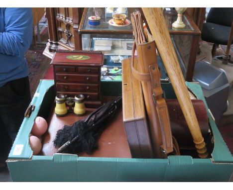 SUNDRY LOT INCLUDING LEATHER CASE, MINIATURE CHEST, PARASOL, OPERA GLASSES, MANTEL CLOCK, CAKE SLICES, BRIEFCASE, POLICE BATO