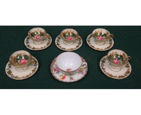 SET OF FIVE GILDED AND FLORAL CUPS AND SAUCERS, SIGNED, PLUS DRESDEN CUP AND SAUCER 