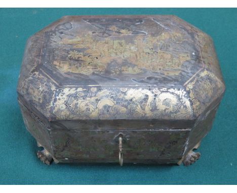 HEAVILY GILDED PAPER MACHE SECTIONAL TEA CADDY (A/F) WITH PEWTER LINERS 