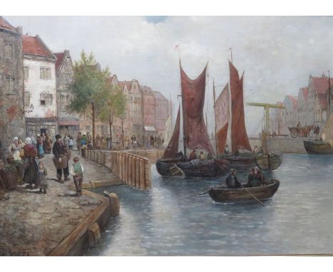 R MONTY FRAMED OIL ON LARGE CANVAS DEPICTING A VILLAGE HARBOUR SCENE APPROX. 84x119cm