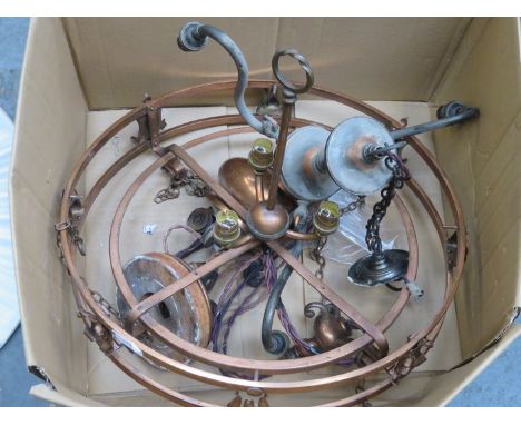 VINTAGE COPPER ART NOUVEAU STYLE CEILING LIGHT FITTING WITH SHADE AND TWO OTHER LAMPS 