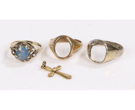 9 carat gold ring together with a rolled gold pendant and two other rings one set with an opal, gross weight&nbsp;13.5 grams&