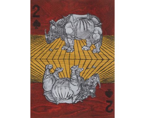 Nana Shiomi (b.1956). 2 of Spades, 'Dürer's Twin Rhinos'. Signed '12/15, Dürer's Twin Rhinos Nana Shiomi'. Woodcut print. 33 