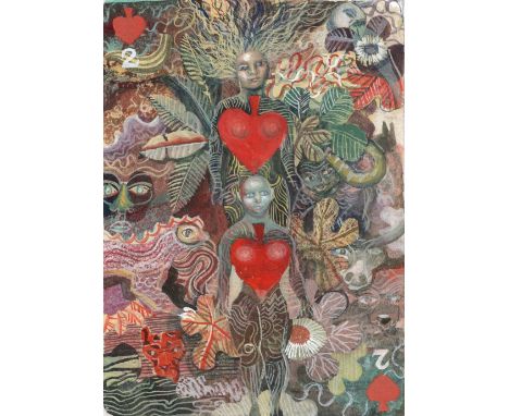 Mick Rooney RA (b.1944). 2 of Hearts, 'Jungle Deuce'. Gouache on paper. Signed. 19.5 x 15cm. Framed. Mick Rooney RA: Born 194