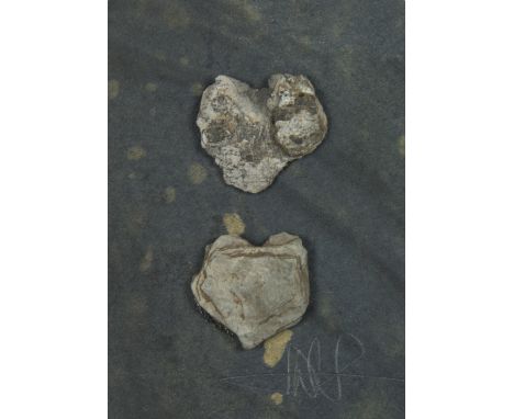 Deborah Westmancoat. 2 of Hearts. Writing ink, found slate and water collected from where the river meets the sea in Boscastl