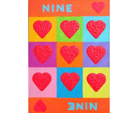 John Nolan (b.1958). 9 of Hearts. Acrylic on canvas board, varnished. 35.5 x 25.4cm. Framed. John Nolan: John Nolan was born 