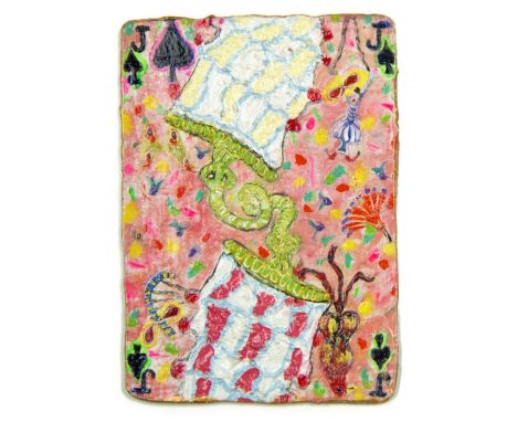 Fiona Bradford. Jack of Spades, 'Fish Hook'. Signed verso: 'Fishhook, Oil on board, Fiona Bradford'. Oil on board. 9 x 6.5cm.