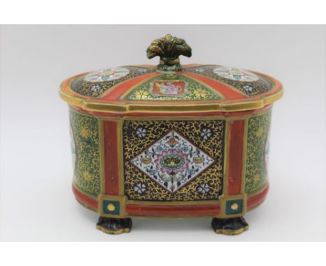 A 19TH CENTURY 'ASHWORTH' IRONSTONE TABLE CASKET, polychrome and gilded decoration in a faux Persian / Chinese design, iron r