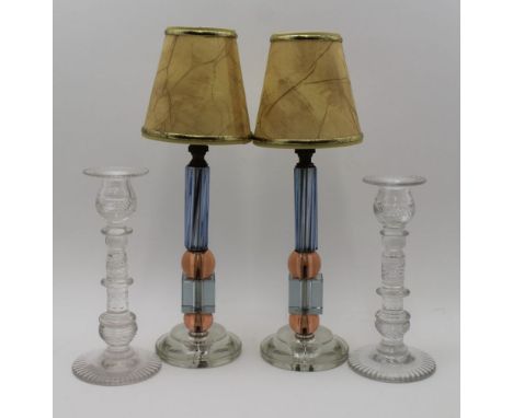 A PAIR OF FRENCH ART DECO GLASS BASED TABLE LAMPS of geometric totem form, 23cm high (excluding fittings) together with a pai