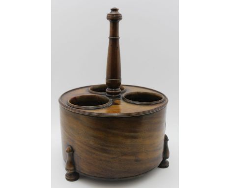 A 19TH CENTURY WOODEN THREE-BOTTLE TABLE CADDY, possibly from a gentlemen's club, with central turned carrying handle, the be