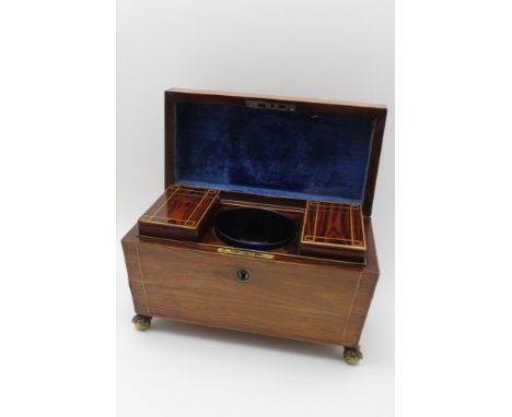 A 19TH CENTURY ROSEWOOD TEA CADDY of sarcophagus form, cast brass side handles, ball &amp; claw feet, opens to reveal twin ca