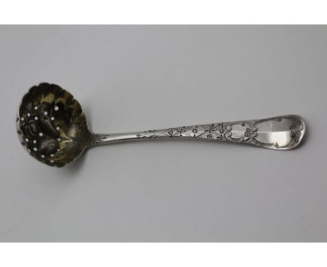 A GEORGE II SILVER SUGAR SIFTING LADLE, the bowl fruit repousse decorated &amp; internally gilded, London 1746, 36g 