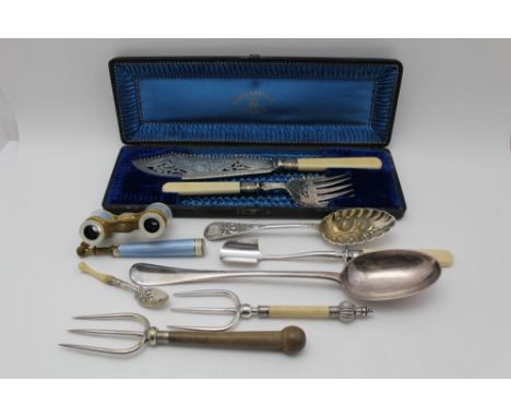 A MAPPIN &amp; WEBB SILVER PLATED BASTING SPOON, rat tail design, together with; Victorian cased fish servers, bread fork, be