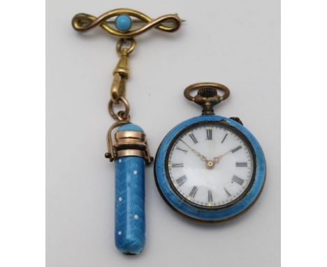 A YELLOW METAL &amp; BLUE STONE SET BROOCH, with a blue enamel cased propelling pencil, suspended below, together with a blue