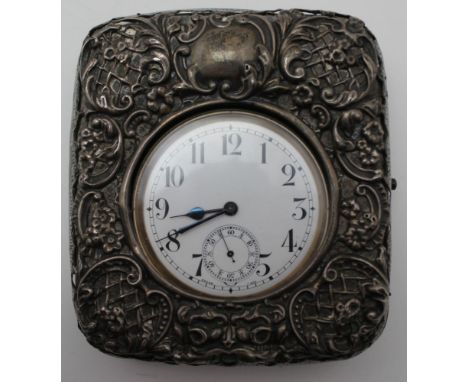 SYNYER &amp; BEDDOES, AN EDWARDIAN SILVER MOUNTED POCKET WATCH CASE floral and lattice decoration, leather backed, velvet lin