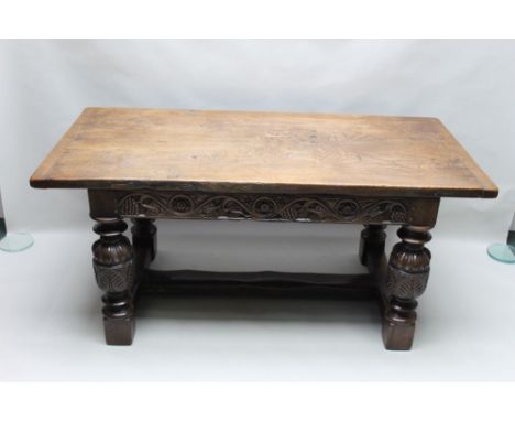 A 20TH CENTURY 16TH CENTURY DESIGN RECTANGULAR TOPPED REFECTORY TABLE, the top by repute formed a lock gate, the base unit pr