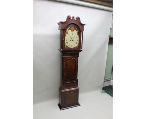A 19TH CENTURY OAK &amp; MAHOGANY LONGCASE CLOCK decoratively painted moon phase dial with subsidiary second hand &amp; date 