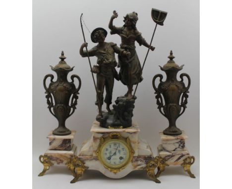 A FRENCH CLOCK GARNITURE GROUP, veined marble and bronzed finish spelter, the clock mounted with fishing children, 'Retour de