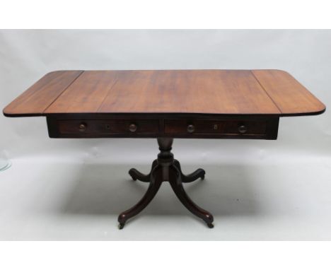 A 19TH CENTURY MAHOGANY LARGE SIZE SOFA TABLE of typical form &amp; construction, having twin flap top with two inline drawer