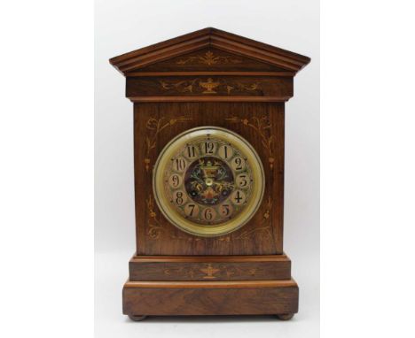 A LATE VICTORIAN MANTEL CLOCK by Henry Marc, Paris, marquetry inlaid rosewood case, with urn and swag designs, decorative dia