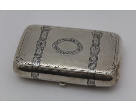 A 19TH CENTURY RUSSIAN SNUFF BOX in the form of a trunk with two straps, black enamel detail, '1886', '84' &amp; other marks,