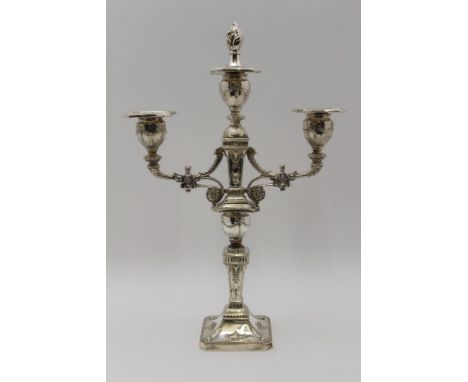 WALKER &amp; HALL A Victorian silver plated, three light candelabrum of Adam design, 36cm high 