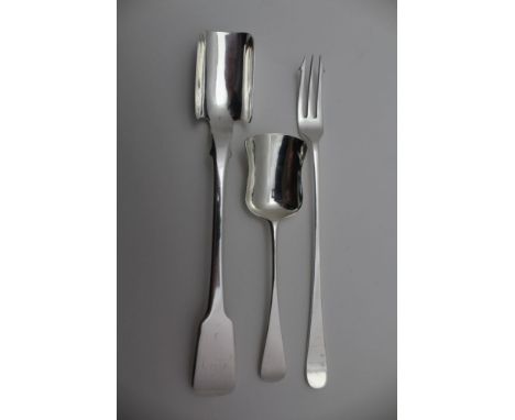 A GEORGE III SILVER STILTON SCOOP. fiddle pattern handle, London 1812, together with a silver pickle fork &amp; spoon, combin