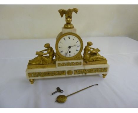 A late 19th century French gilt metal and marble mantle clock flanked by classical female figures and surmounted by an eagle,