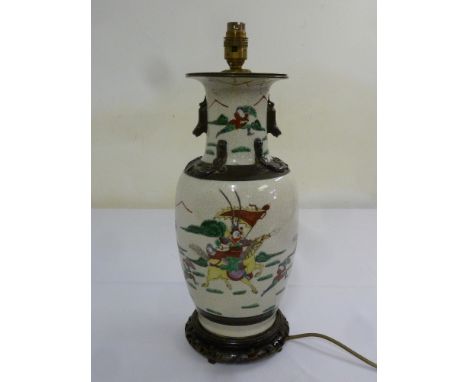 19th century style Chinese crackle glazed table lamp decorated with figures in a stylised landscape on hardwood stand