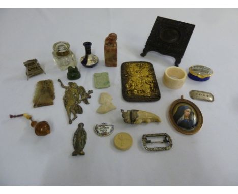 A quantity of collectable items to include a portrait miniature, a buckle and wine labels