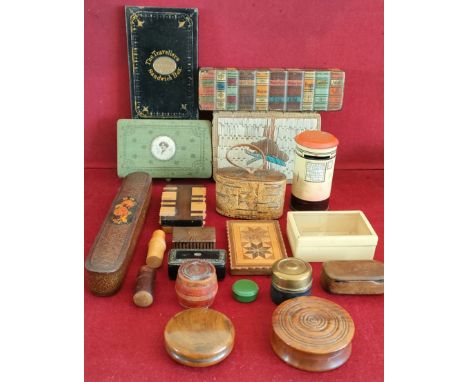 PARCEL OF VARIOUS TREEN AND OTHER STORAGE BOXES, EBONISED AND MOTHER OF PEARL DECORATED SNUFF BOX ETC

All in used condition,
