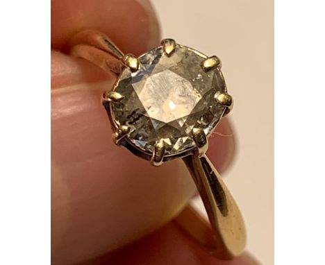 UNHALLMARKED YELLOW METAL SOLITAIRE RING SET WITH 1.75ct DIAMOND, SIZE O, WEIGHT APPROXIMATELY 3.5g

RUBBED AND THREE BLACK M