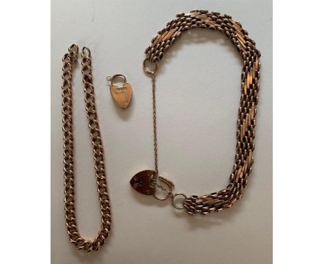 UNHALLMARKED YELLOW METAL CHAIN BRACELET APPROXIMATELY 3.7g, 9ct GOLD HEART LOCK APPROX 1.1g, UNHALLMARKED YELLOW METAL BRACE