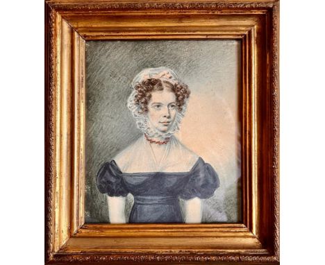 UNSIGNED WATERCOLOUR - PORTRAIT OF A YOUNG WOMAN, 1800. APPROX. 19.5 X 12CM

 