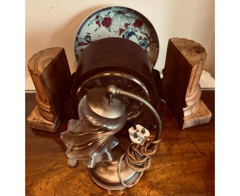 JAPANESE SAUCER DISH, TWO BOOKENDS, CLOCK AND DESK LIGHT

DISH REPAIRED, HAIRLINE CRACKS 