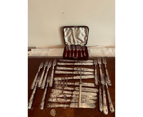 SIX SILVER CAKE FORKS AND TWENTY-THREE PIECES OF PLATED FLATWARE

 