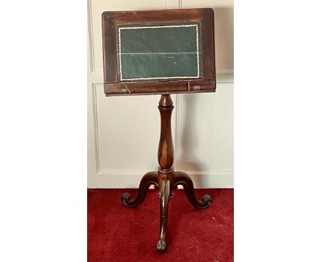 VICTORIAN TRIPOD READING/MUSIC STAND, SLIGHTLY ADJUSTABLE. USED CONDITION, CHIPS, WEAR TO LEATHER, CRACKS