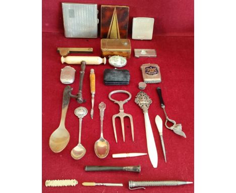 PARCEL OF VARIOUS SILVER PLATED WARE, FLATWARE, PLUS SILVER TOPPED CHEROOT HOLDER, MOTHER OF PEARL LETTER KNIFE ETC

All in u