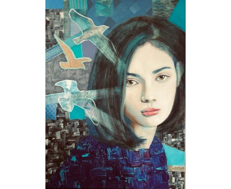 ISLA FORD, OIL ON CANVAS PORTRAIT AND BIRDS- 'BY THE SEA', APPROXIMATELY 79 x 60cm

 