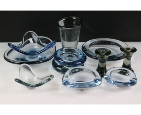 Collection of Holmegaard Danish glassware to include a pair of 18501 smoky grey candlesticks (10.5cm high), 2 x 'splash' form