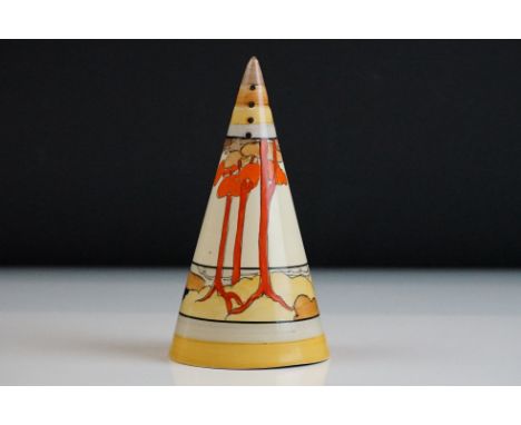 Clarice Cliff for Wilkinson Pottery - ' Coral Firs ' pattern Bizarre range conical sugar sifter, printed mark to base, 14cm h