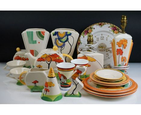 Collection of Past Times Art Deco style ceramics, hand painted in the manner of Clarice Cliff, 20 pieces, comprising 2 x tabl