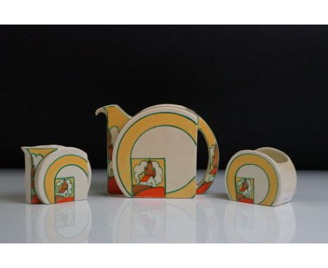 Clarice Cliff for Newport Pottery ' Stroud ' pattern three piece tea set in the Stamford shape, comprising a teapot (lacking 