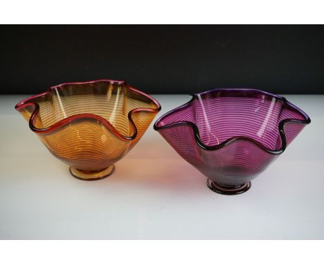 Bob Crooks - Two ' Venetian ' glass bowls of lobed form, to include an amber example with ruby threading, and a ruby glass ex