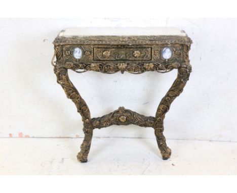 Marble Top Console Table, the wooden frame with a plaster scrolling gilt finish, 75cm wide x 79cm high 